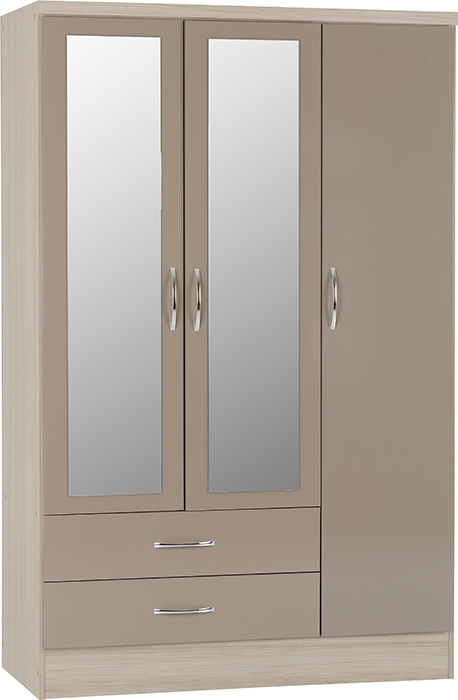 Nevada 3 Door 2 Drawer Mirrored Wardrobe In Oyster Gloss & Oak